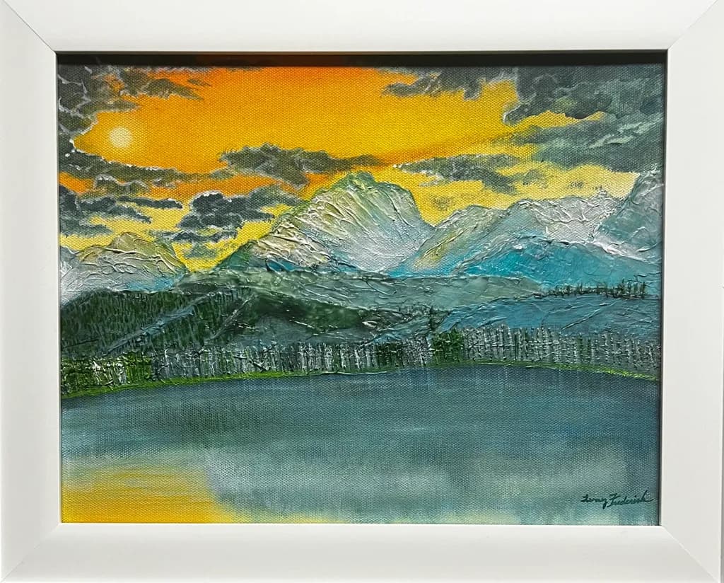Sunset Over Mountains Lake