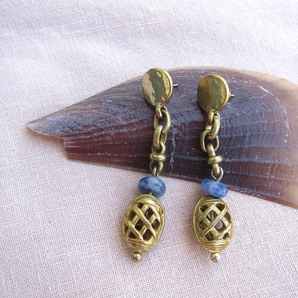 Elegant Brass and Blue Stone Drop Earrings with Intricate Design