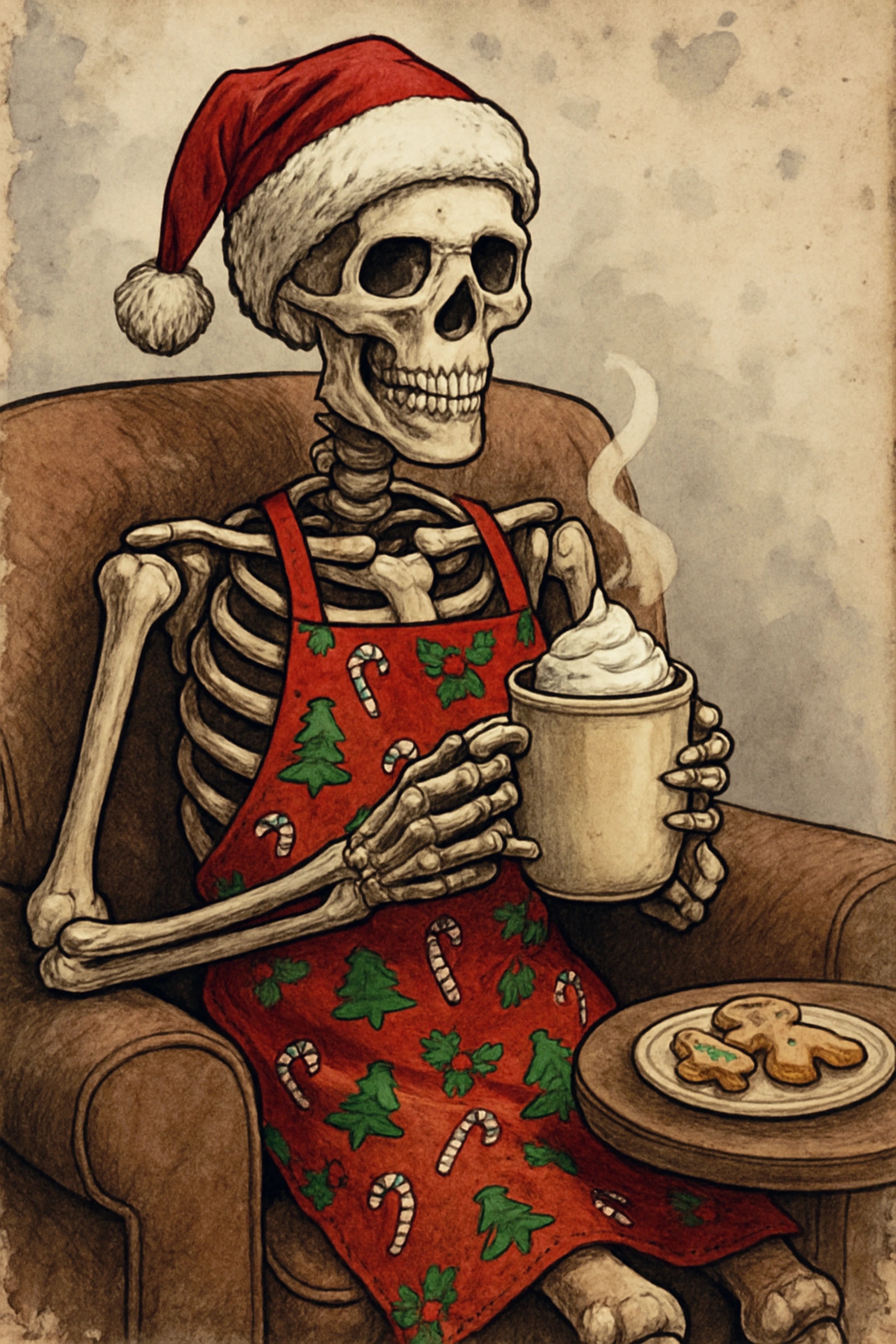 Festive Bones: A Cheerful Skeleton Sipping Hot Cocoa in a Christmas Apron