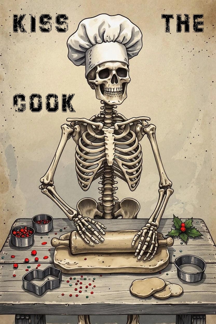 Kiss the Cook: A Whimsical Skeleton Chef Rolling Dough for the Holidays