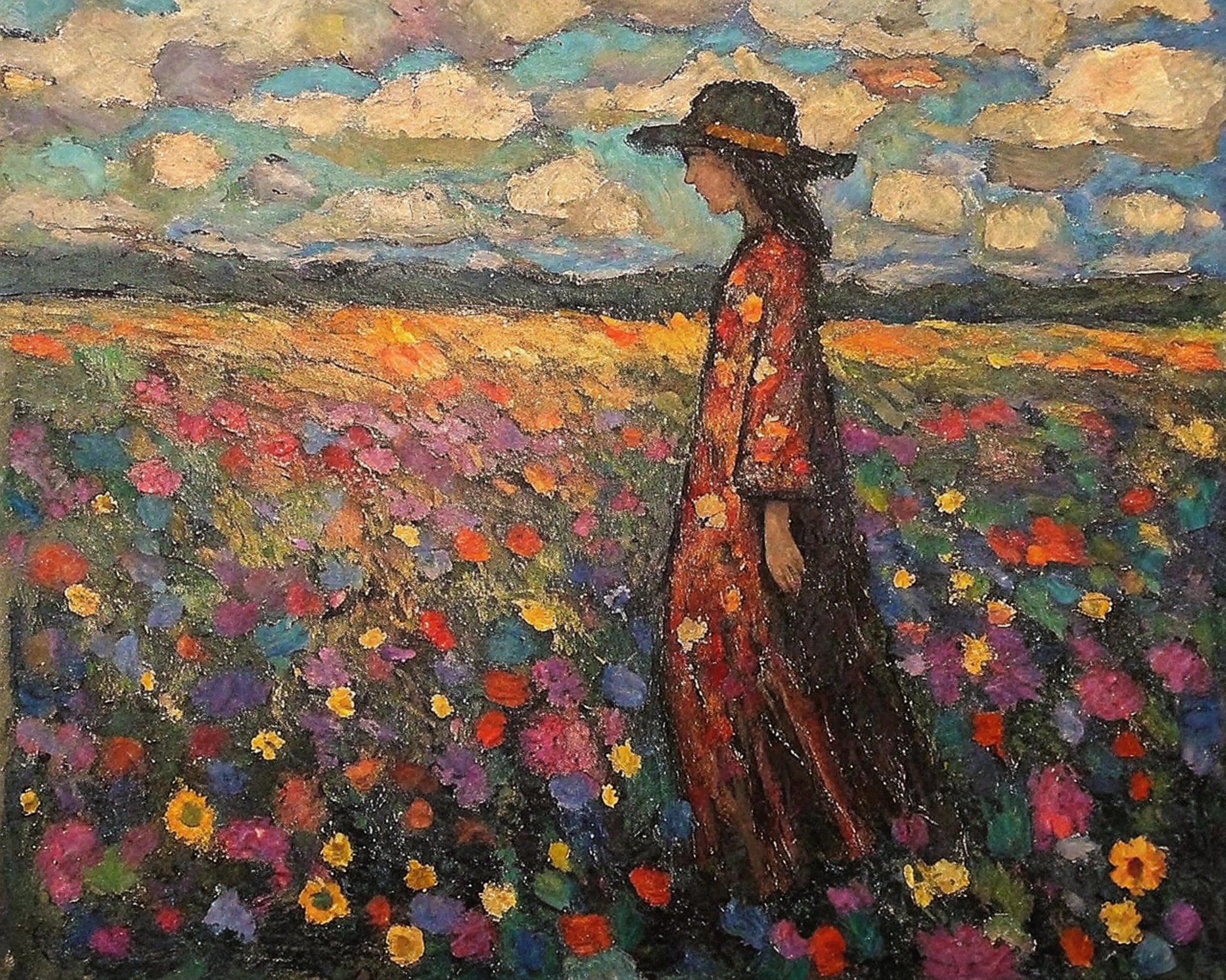 Whispers of Color: A Woman's Journey Through a Vibrant Floral Landscape
