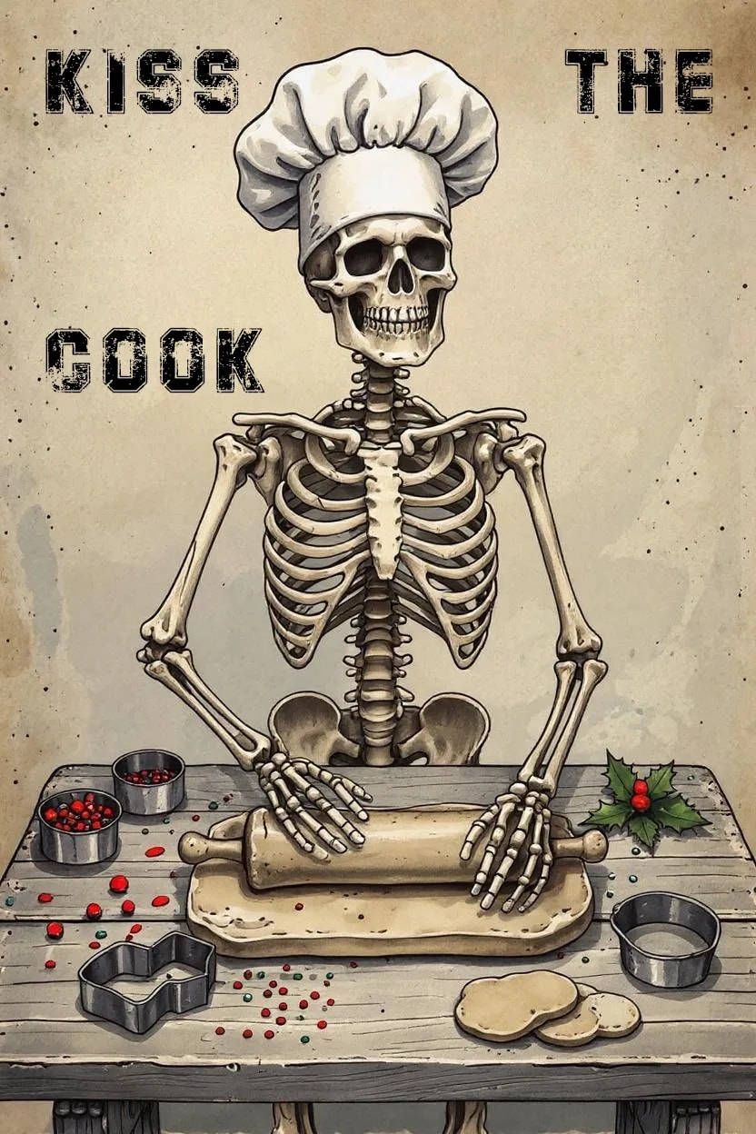 Kiss the Cook: A Whimsical Skeleton Chef Rolling Dough for the Holidays