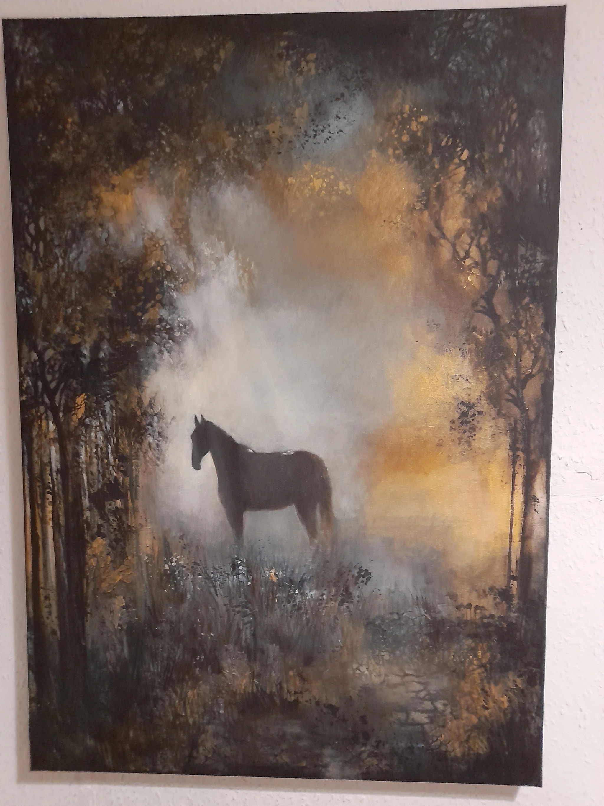 Whispers of the Mist: A Majestic Horse in a Golden-Hued Forest Dreamscape
