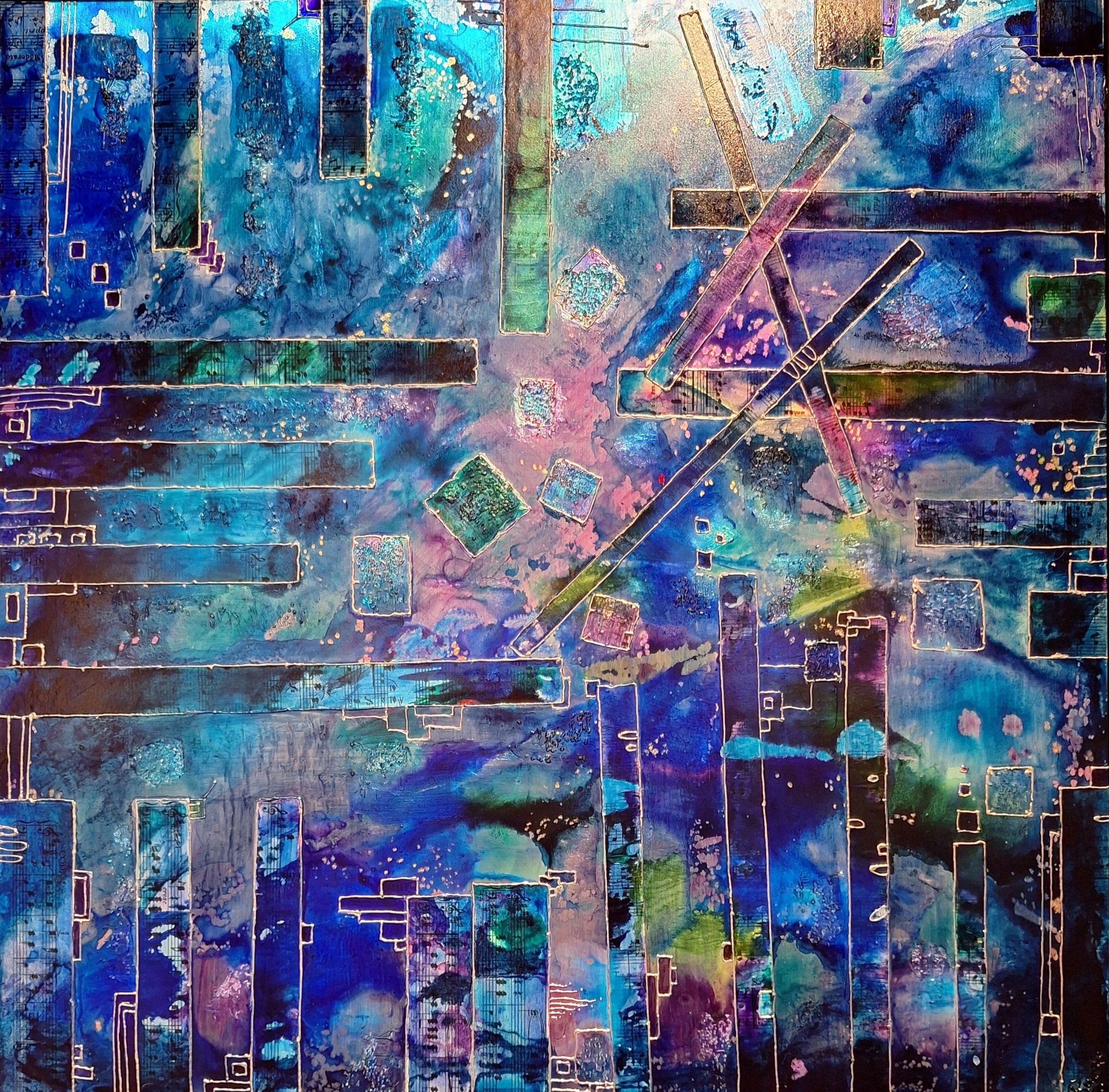 Cosmic Structures: A Surrealist Exploration of Color and Form in Mixed Media