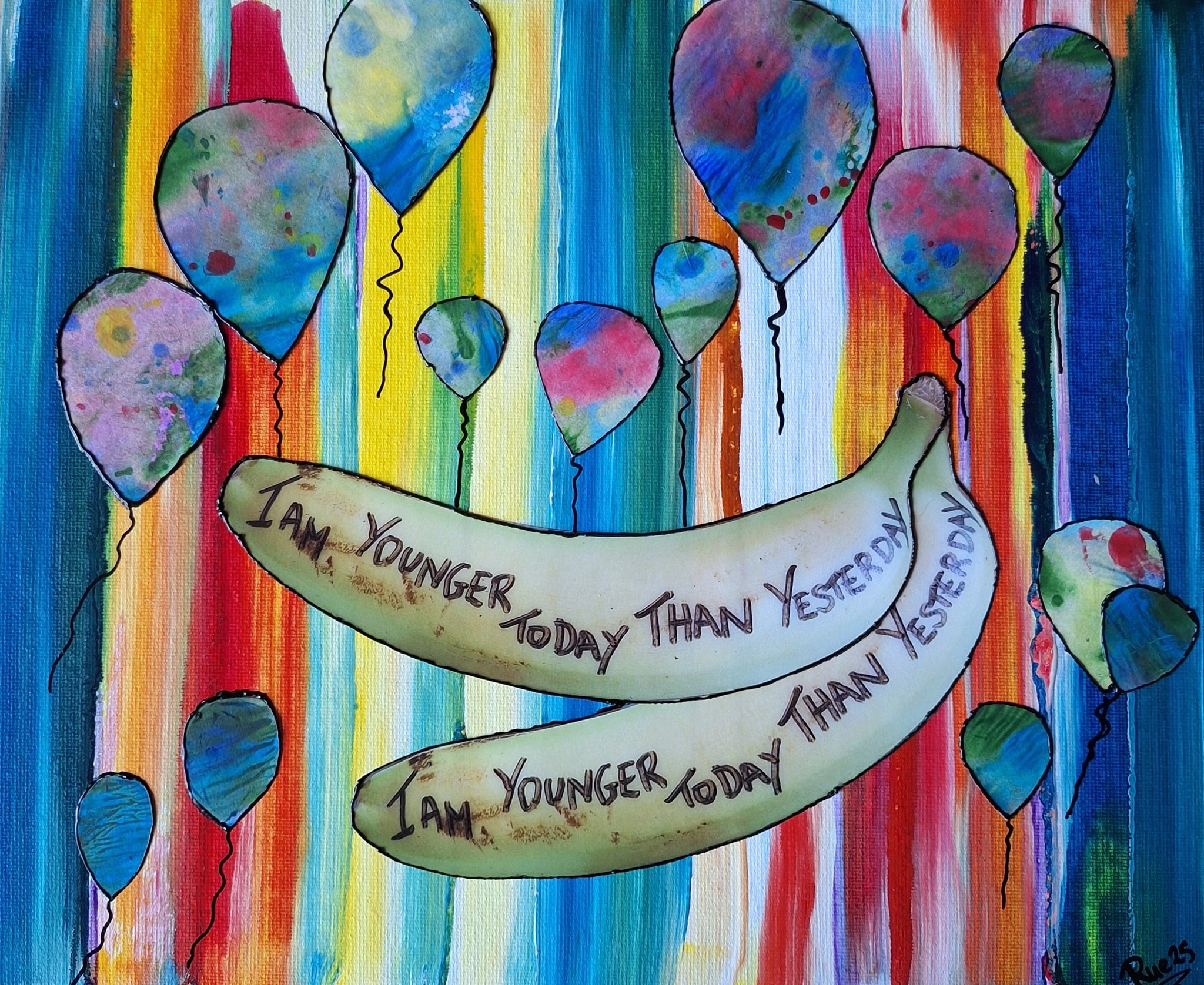 Whimsical Reflections: "I Am Younger Today Than Yesterday" with Colorful Balloons and Playful Bananas