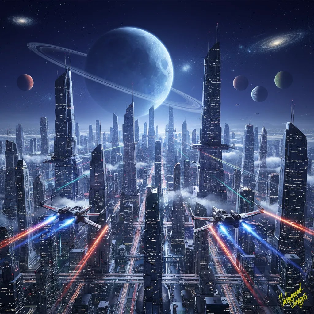 Celestial Skirmish: A Futuristic Odyssey Through the Cosmic Cityscape