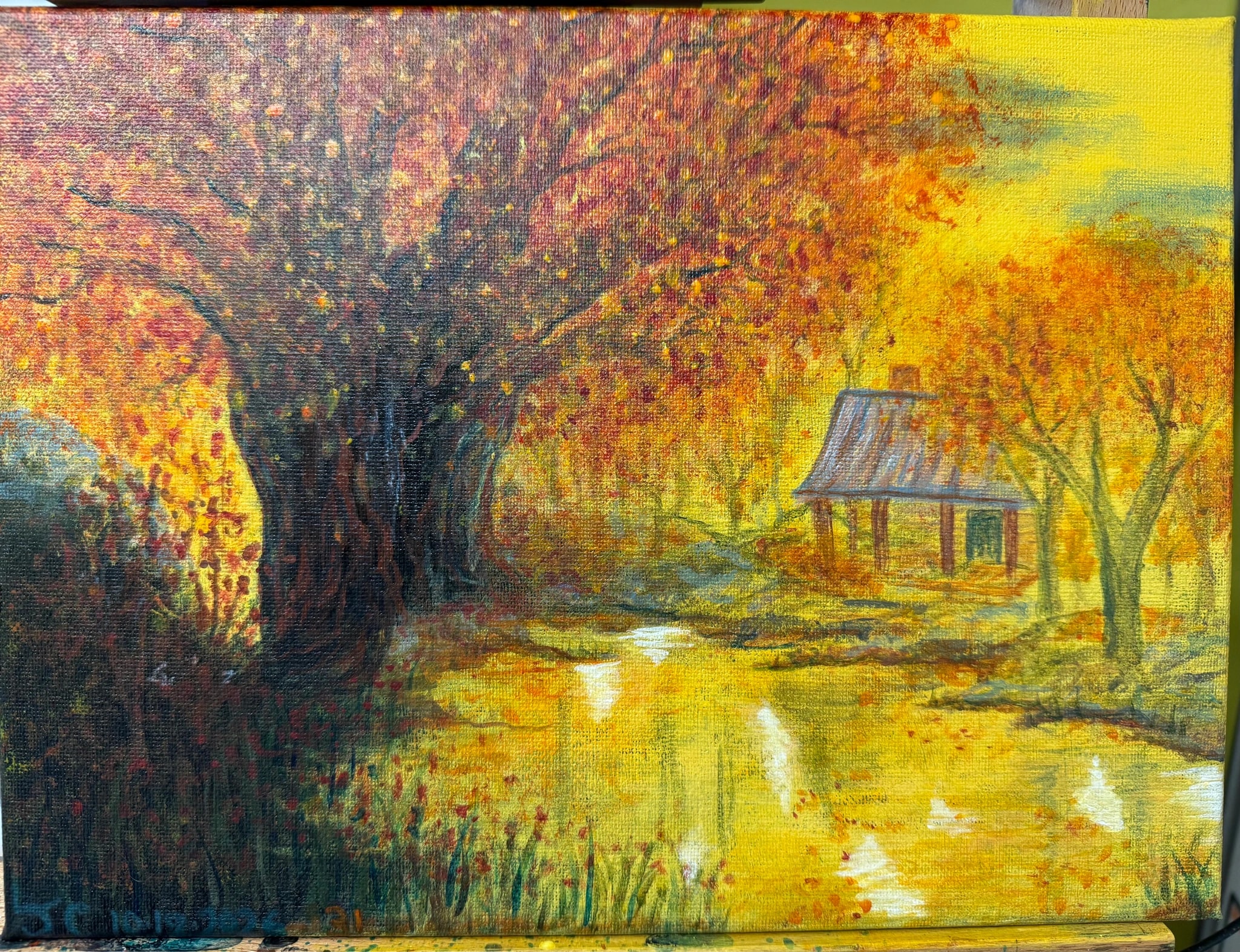 “Autumn Cabin “ 8”x10” Acrylic on canvas 