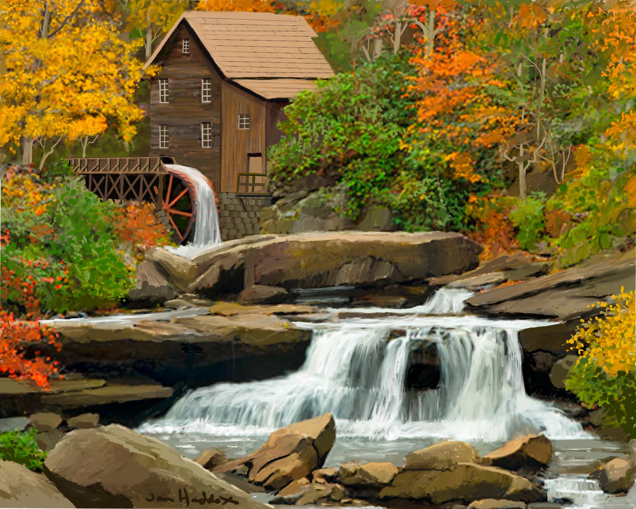 Autumn Watermill Falls
