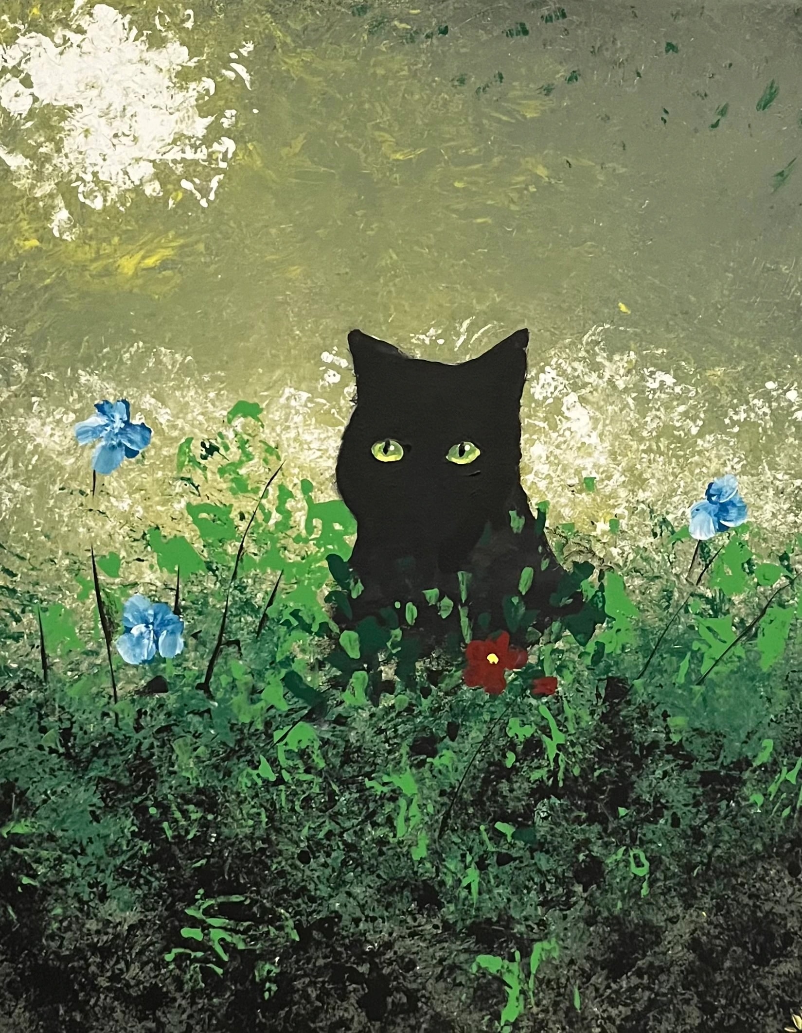 Black Cat Among Flowers