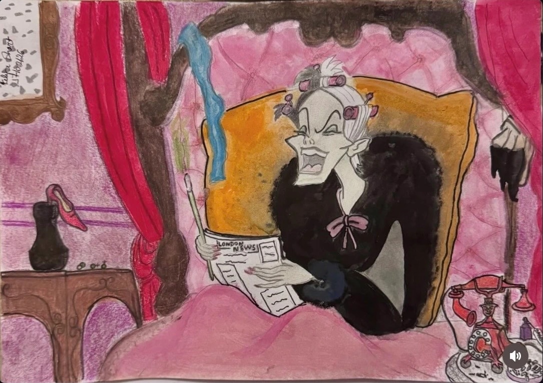 Cruella London news chaotic room 50 cigarettes smoked so far at 9 AM