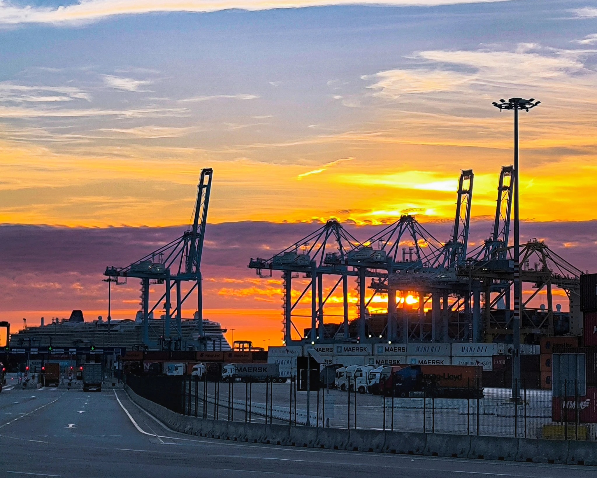 Harbor Sunset Cranes