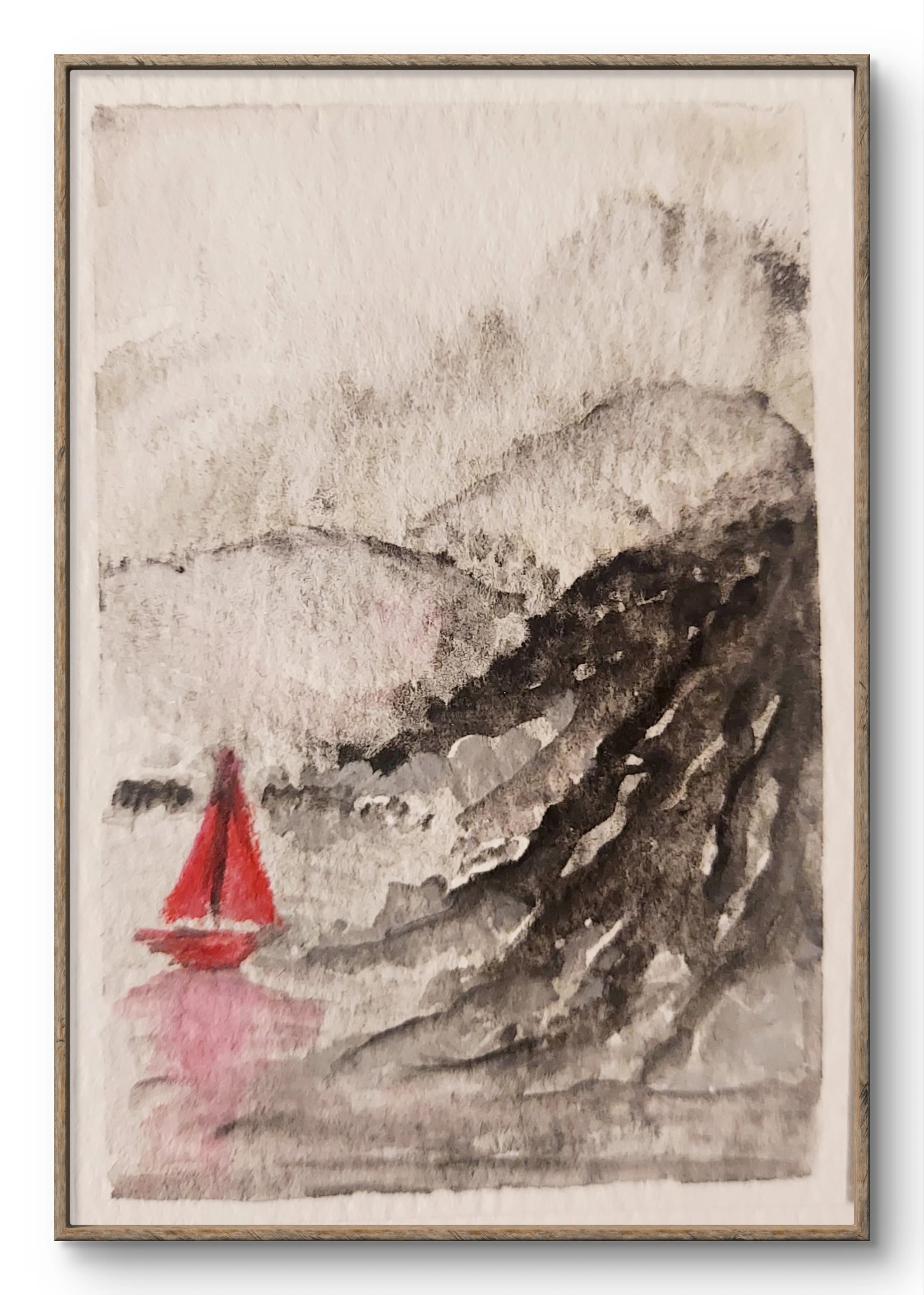 Red Sailboat Among Mountains
