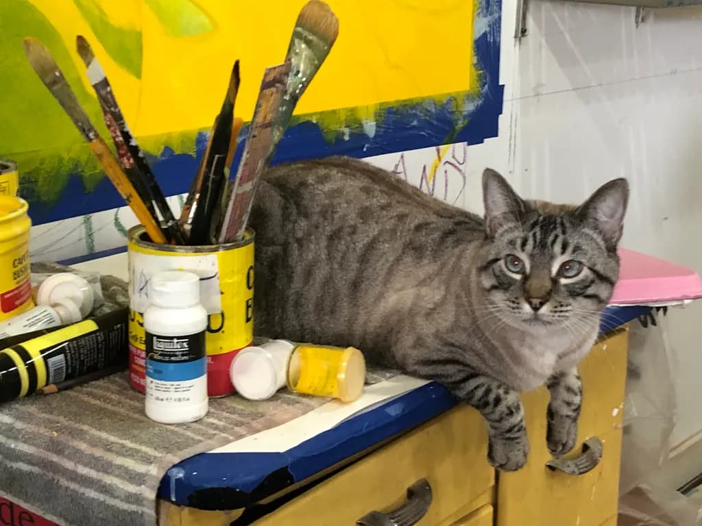Whiskers in the Studio: A Playful Cat Amongst the Colors of Creativity