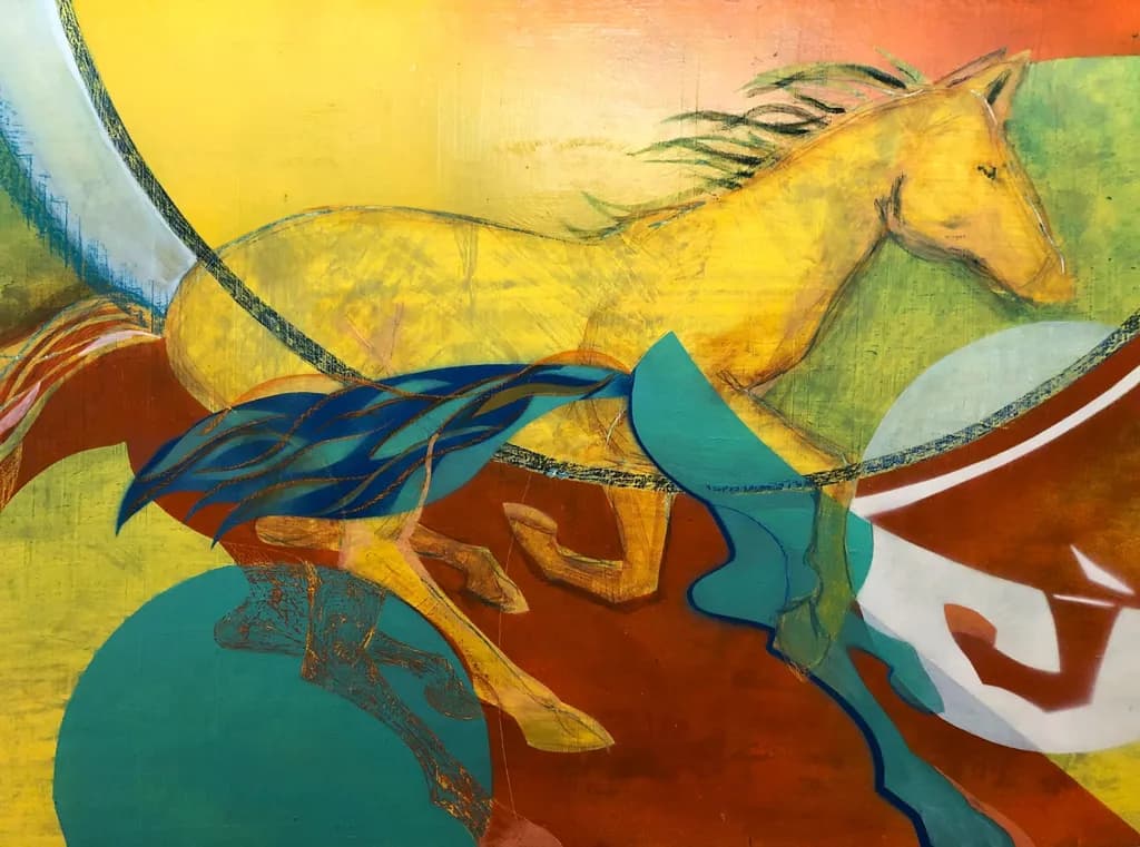 Vibrant Equine Dance: An Abstract Journey Through Color and Movement