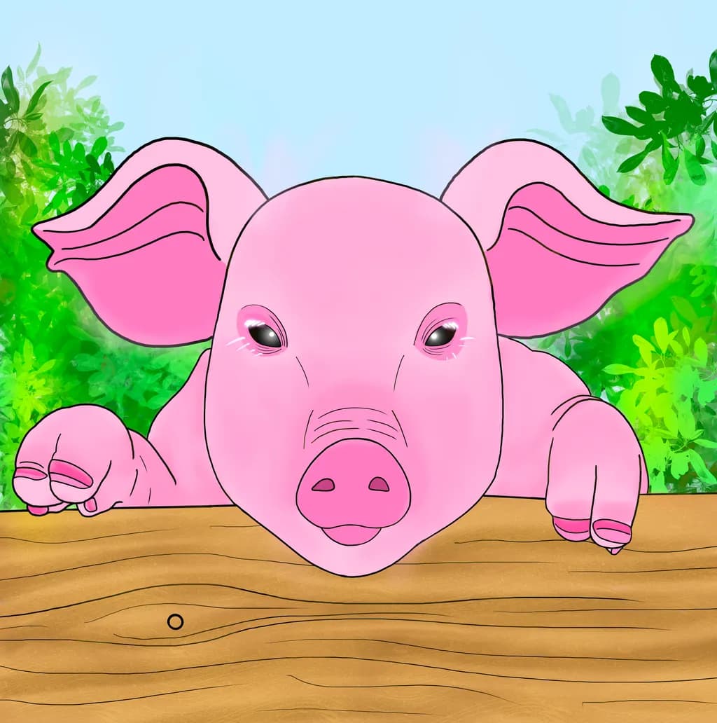 Whimsical Pink Pig Peeking Over a Wooden Fence in a Lush Green Landscape
