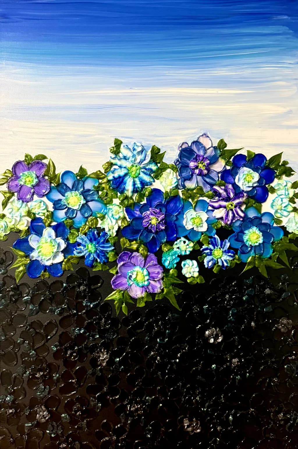Vibrant Blue Floral Symphony: A Textured Journey Through Nature's Palette