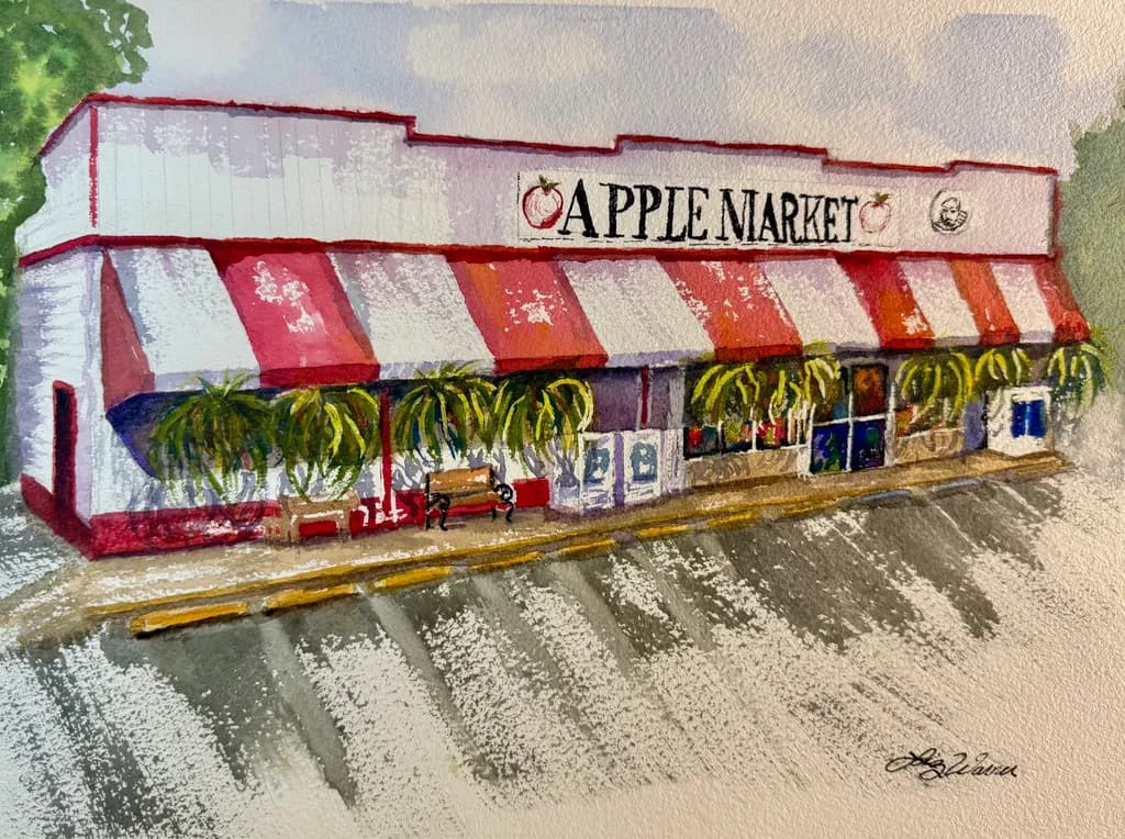 Charming Apple Market: A Vibrant Watercolor of Community Life and Colorful Architecture