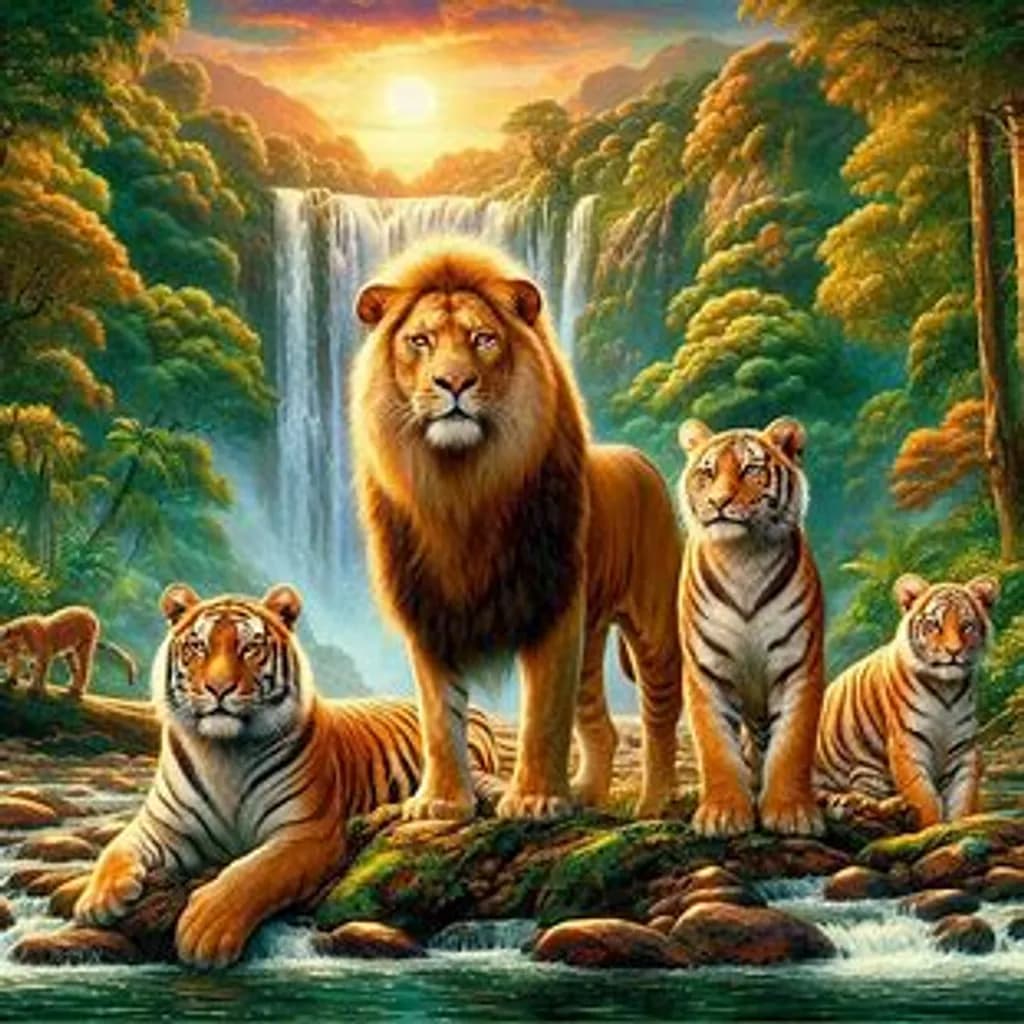 Lion and Tigers at the Waterfall