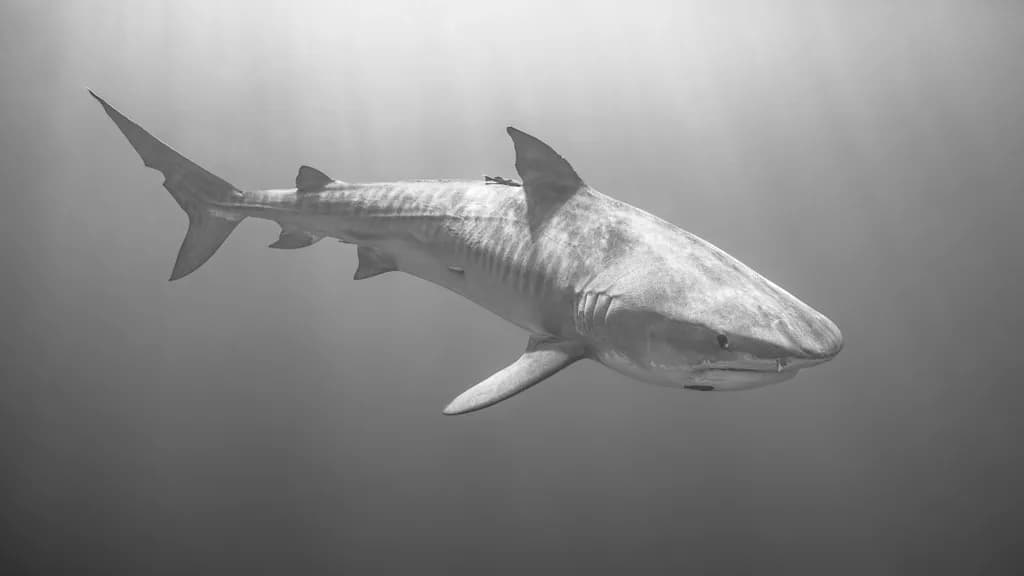 Majestic Predator: A Shark's Underwater Serenade in Monochrome