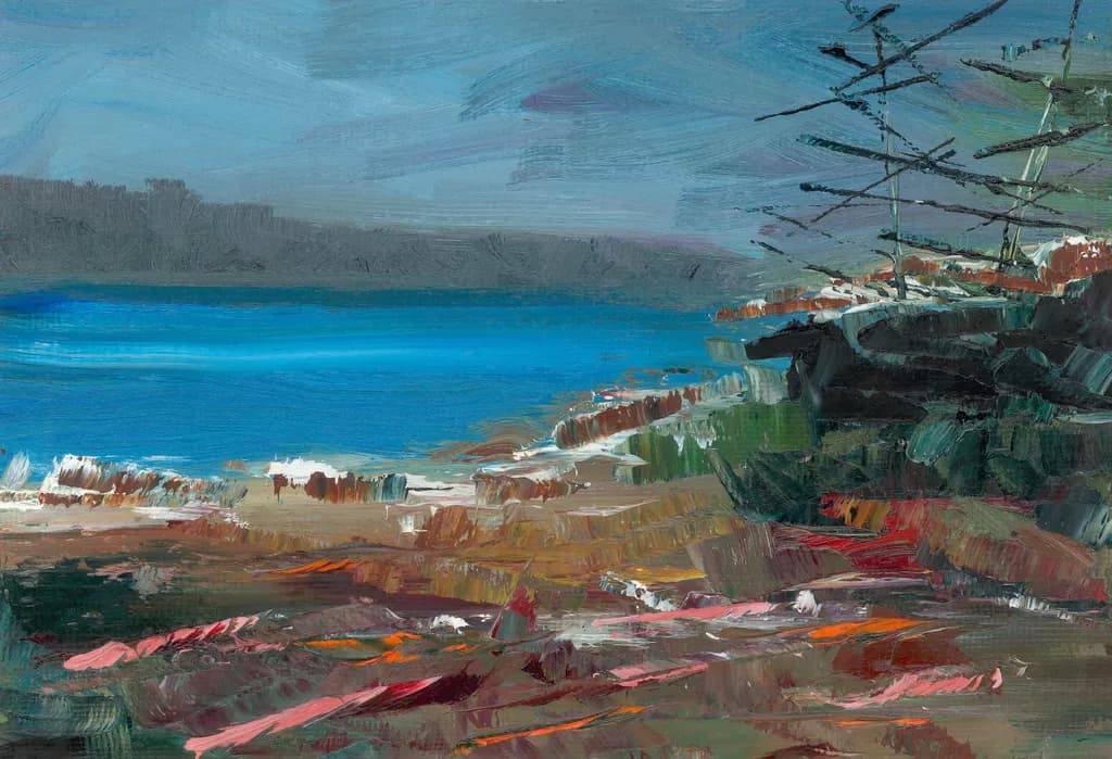 Serenity by the Shore: A Vibrant Coastal Landscape in Bold Brushstrokes