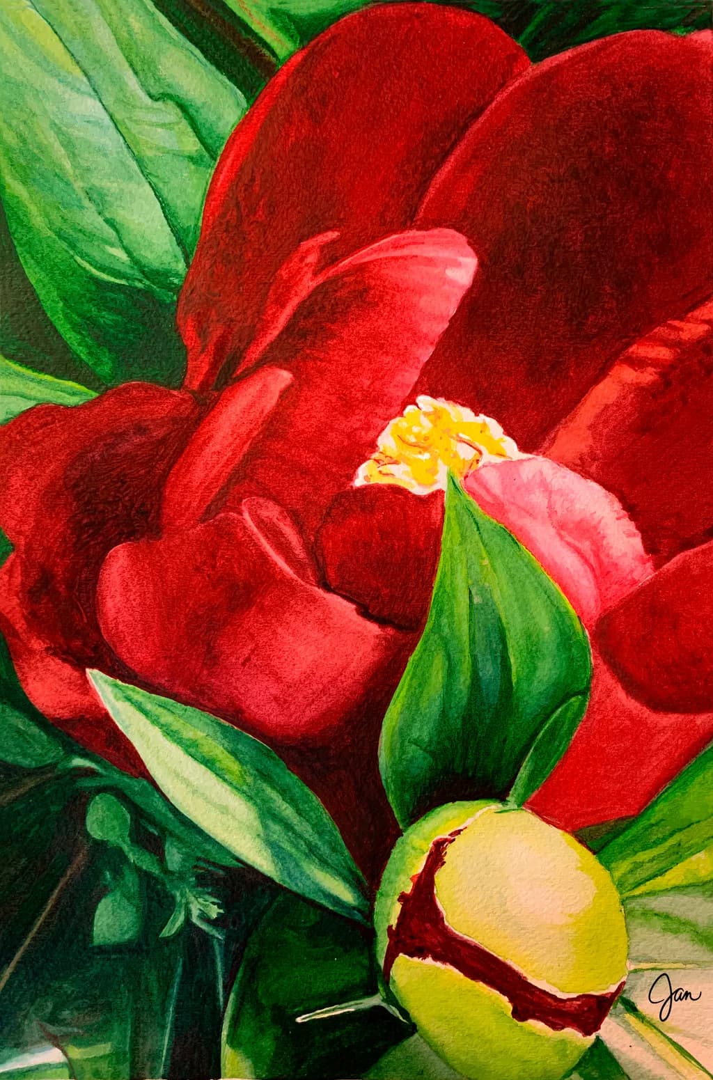 Blossoms and Giggles: A Playful Dance of Red Petals and Green Dreams