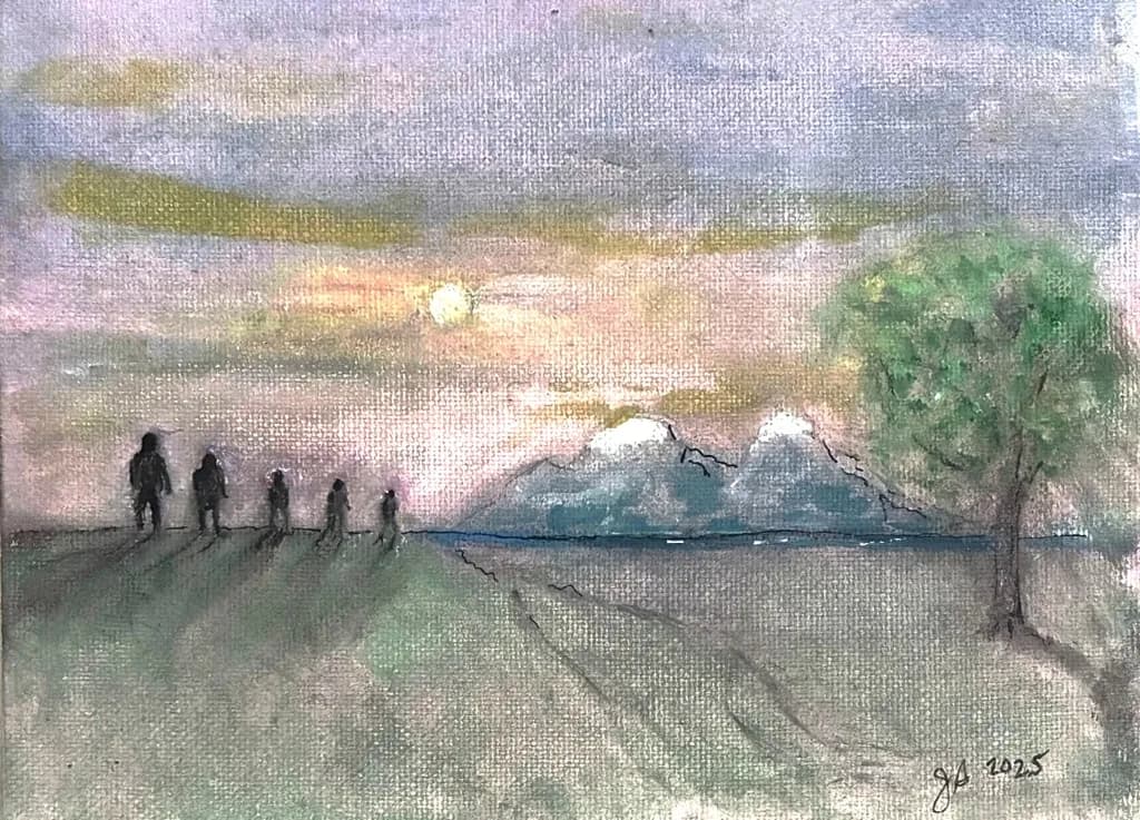 Whispers of Twilight: A Serene Sunset Landscape with Silhouettes and Mountains