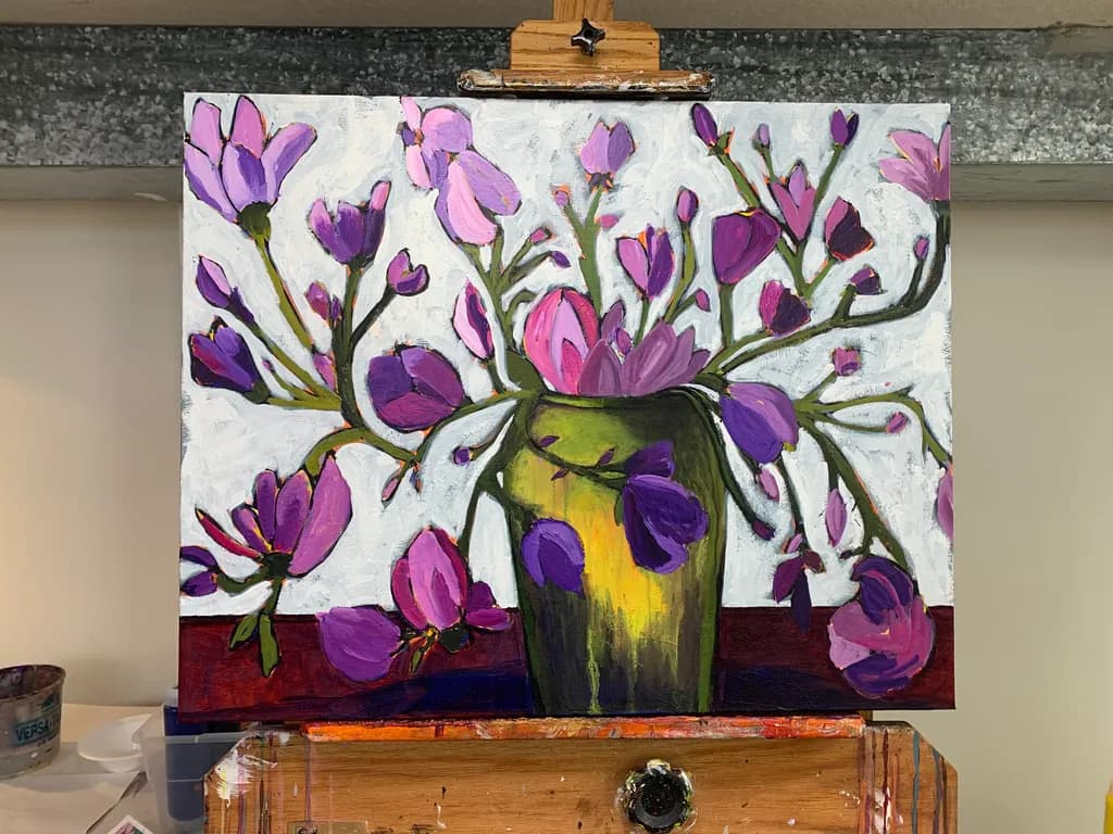 Purple Blossoms in Green Vase