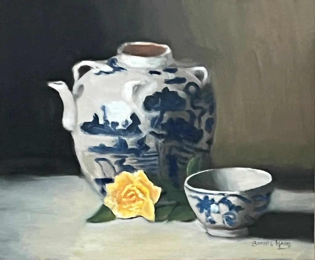 Blue and White Teapot with Yellow Rose