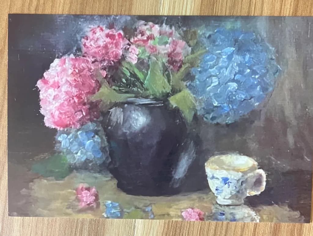 Pink and Blue Hydrangeas with Cup