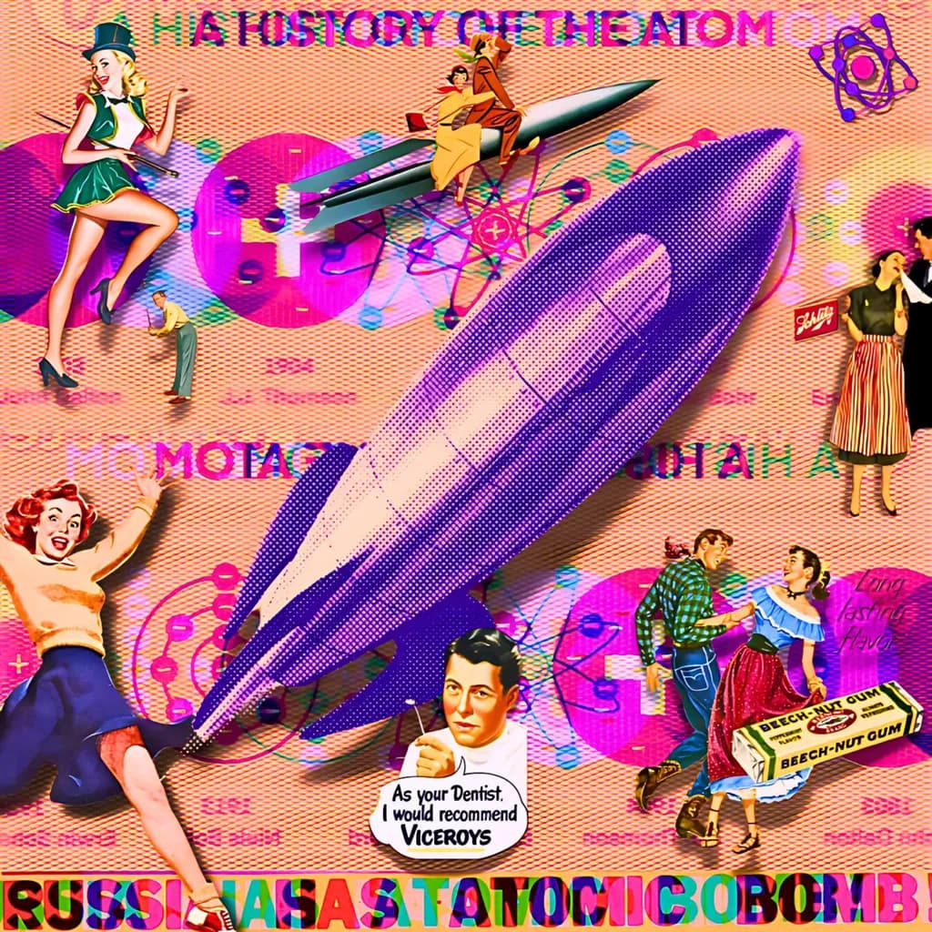 Atomic Dreams: A Retro Collage of Cultural Fusion and Scientific Wonder