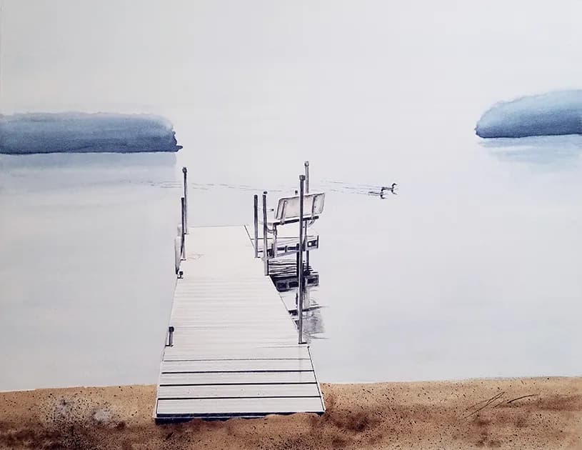 Serenity at the Water's Edge: A Tranquil Dock Scene with Gentle Ripples and a Wandering Duck