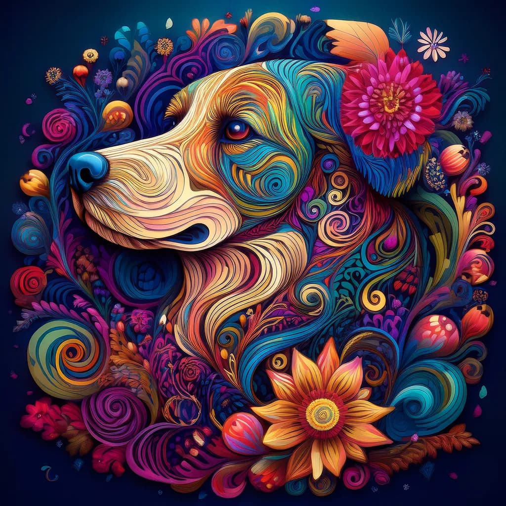 Vibrant Whimsy: A Colorful Canine Floral Fantasy