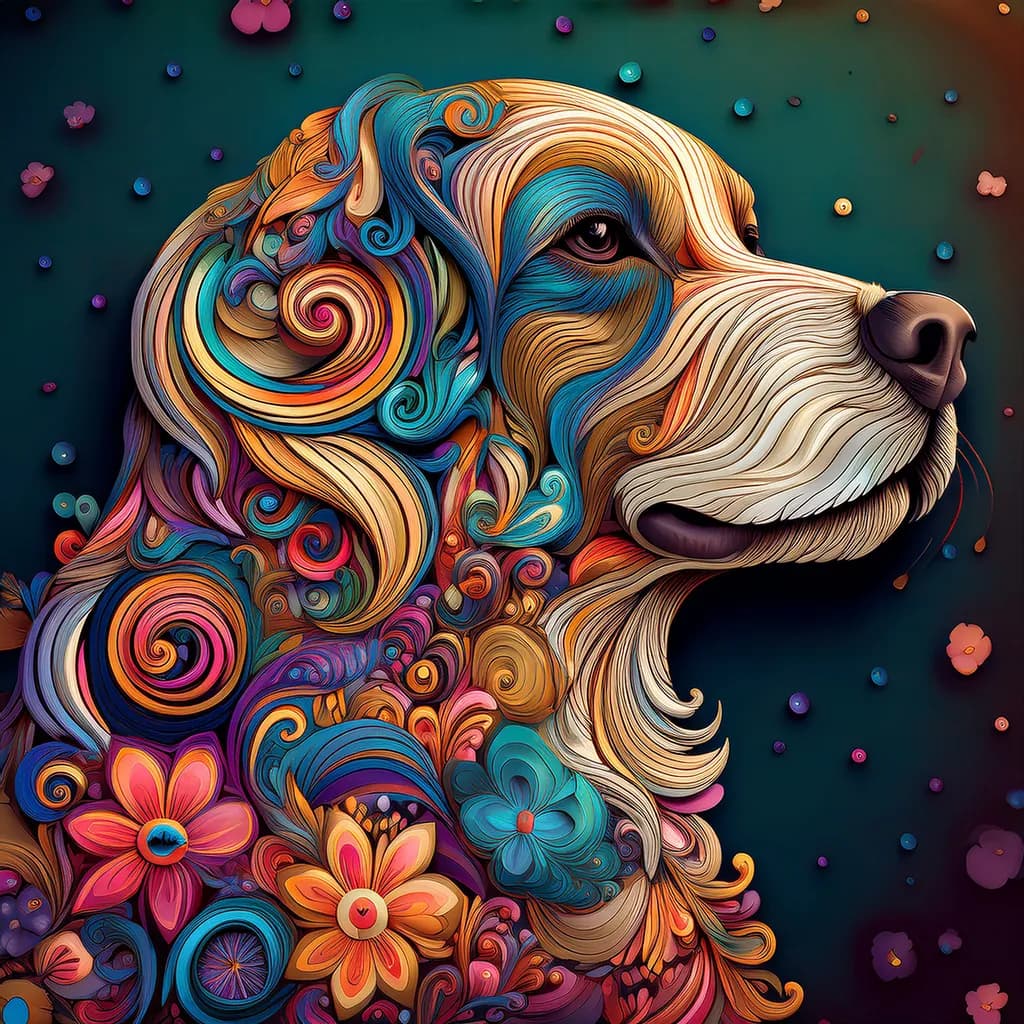Whimsical Canine Dreams: A Colorful Floral Journey Through Abstract Art