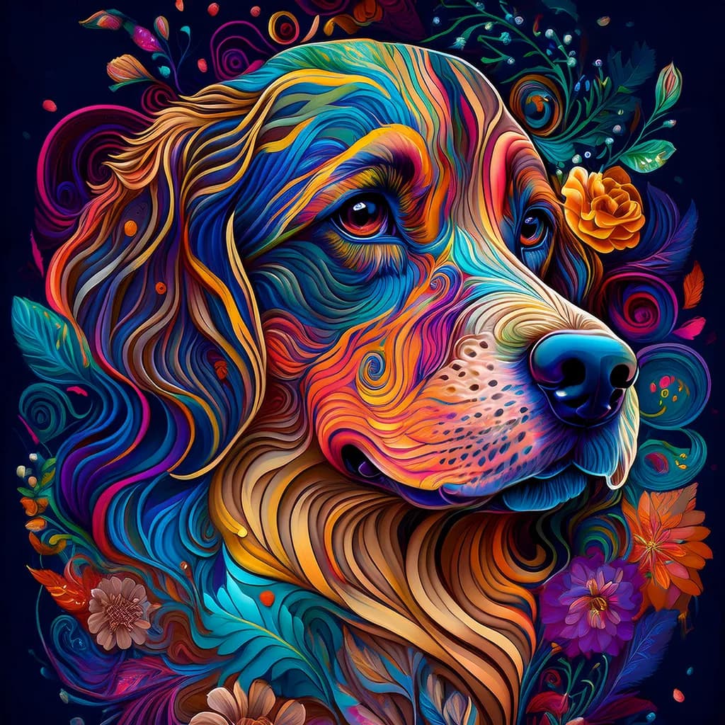 Vibrant Canine Harmony: An Abstract Floral Journey in Colorful Whimsy