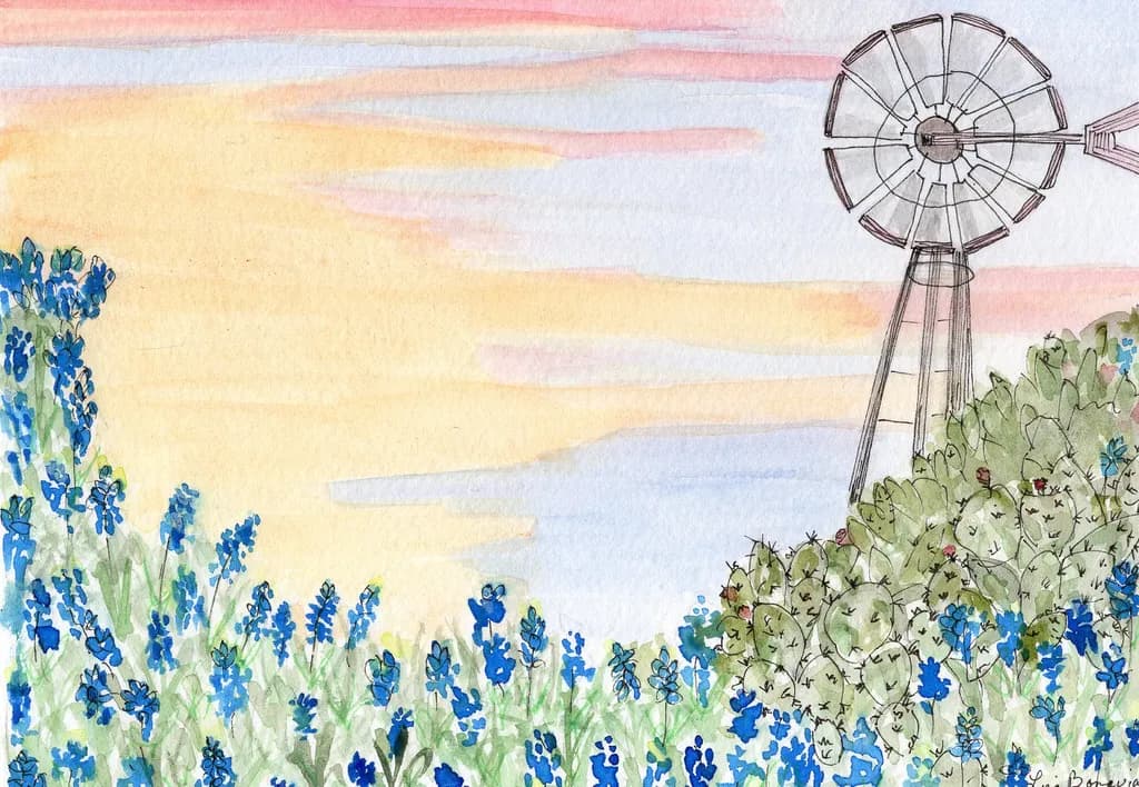 Whispers of the Texas Bluebonnets: A Serene Watercolor Journey at Sunset