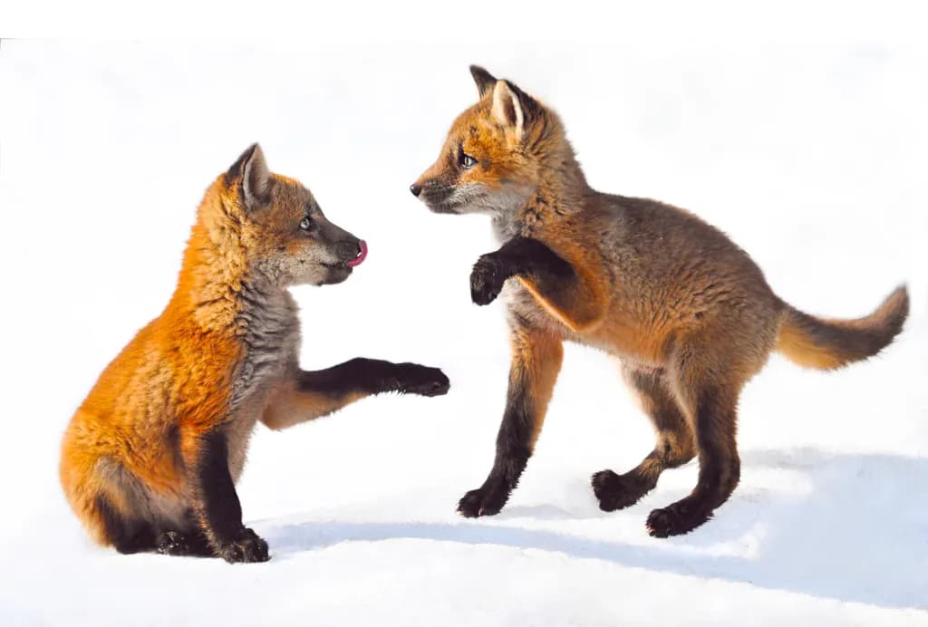 Whimsical Winter Play: Two Fox Cubs in a Snowy Dance
