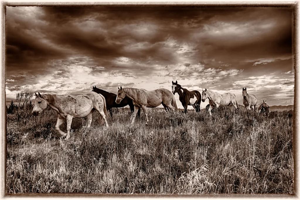 Whispers of the Wild: A Sepia Journey Through Horses and Clouds in Nature's Embrace