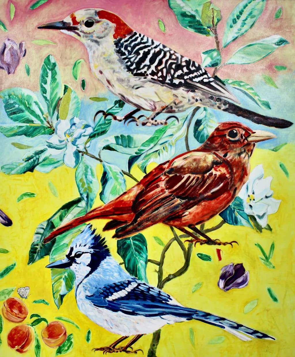 Vibrant Harmony: A Celebration of Colorful Birds Amidst Blossoms and Foliage