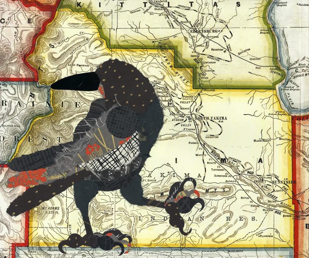 Whimsical Geography: A Vintage Bird Collage on Map Canvas