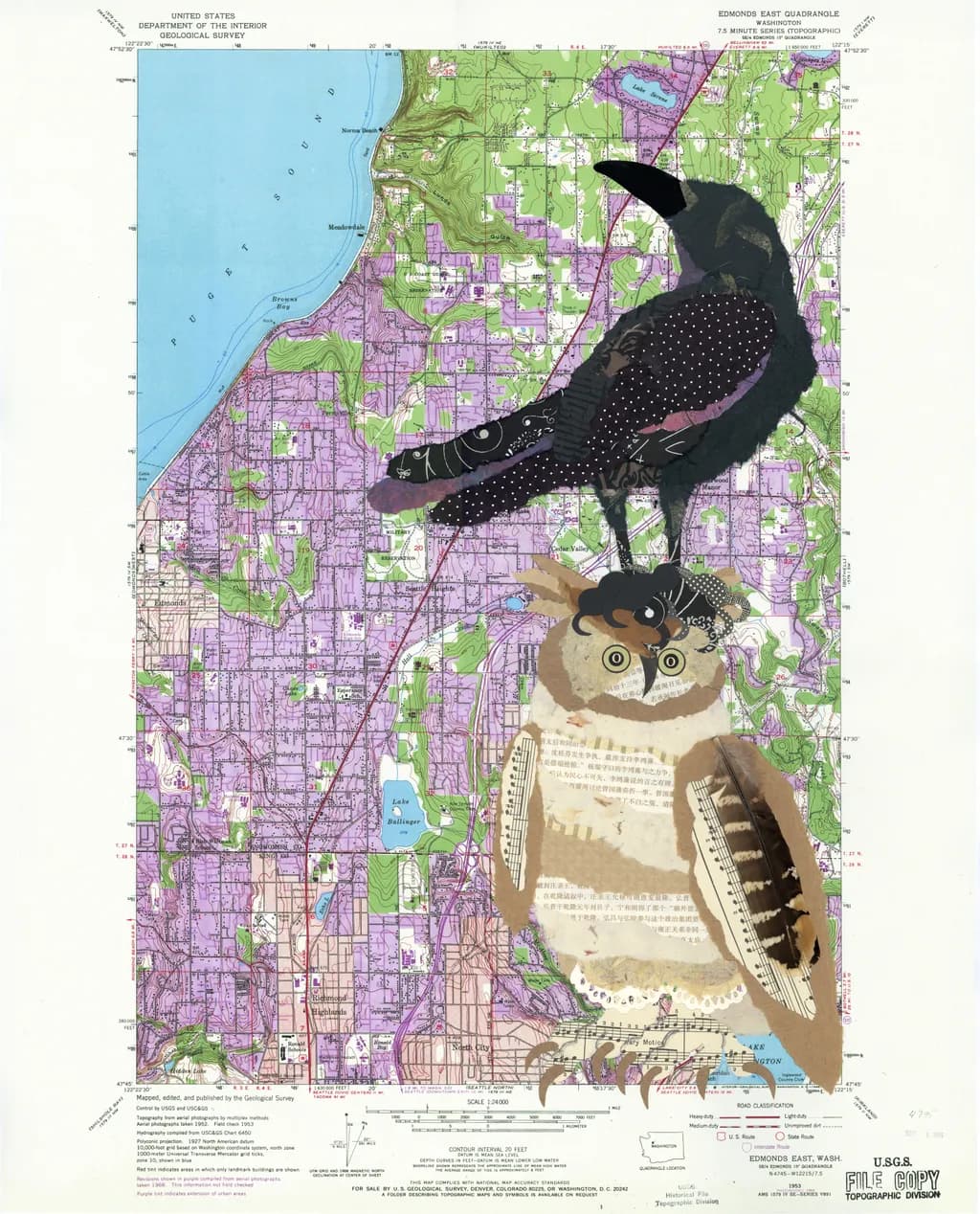 Whimsical Wings: A Collage of Nature and Maps Featuring an Owl and Bird Harmony