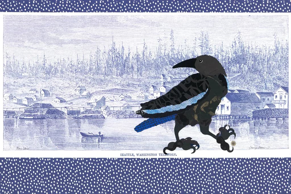 Whimsical Crow Over Seattle's Blue Landscape: A Collage Journey Through Time
