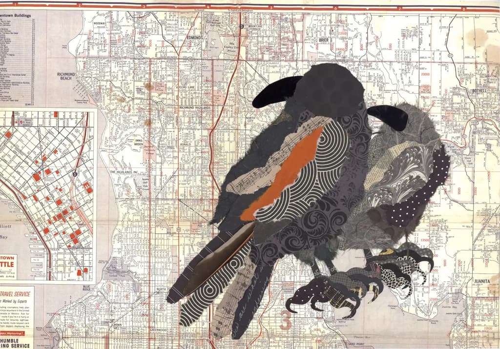 Whimsical Wings: An Abstract Collage of Birds on a Vintage Map Background