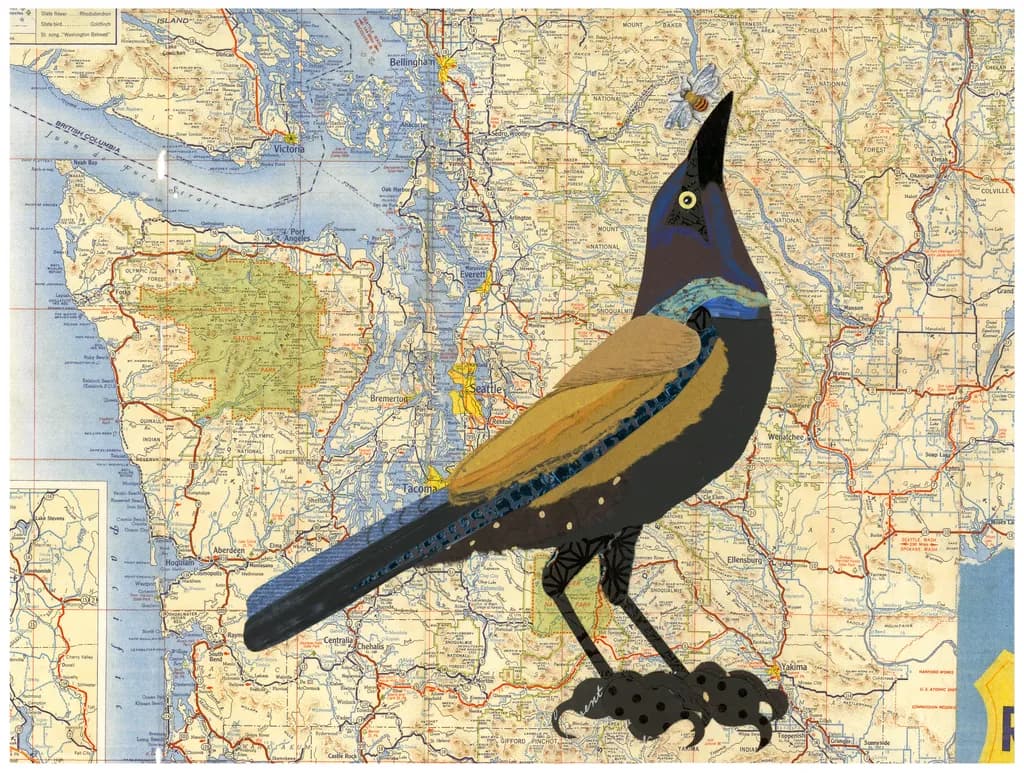 Whimsical Flight: A Colorful Bird's Journey Across Vintage Maps
