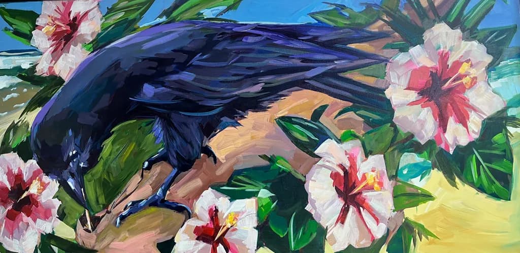 Whimsical Harmony: A Raven Among Tropical Blooms