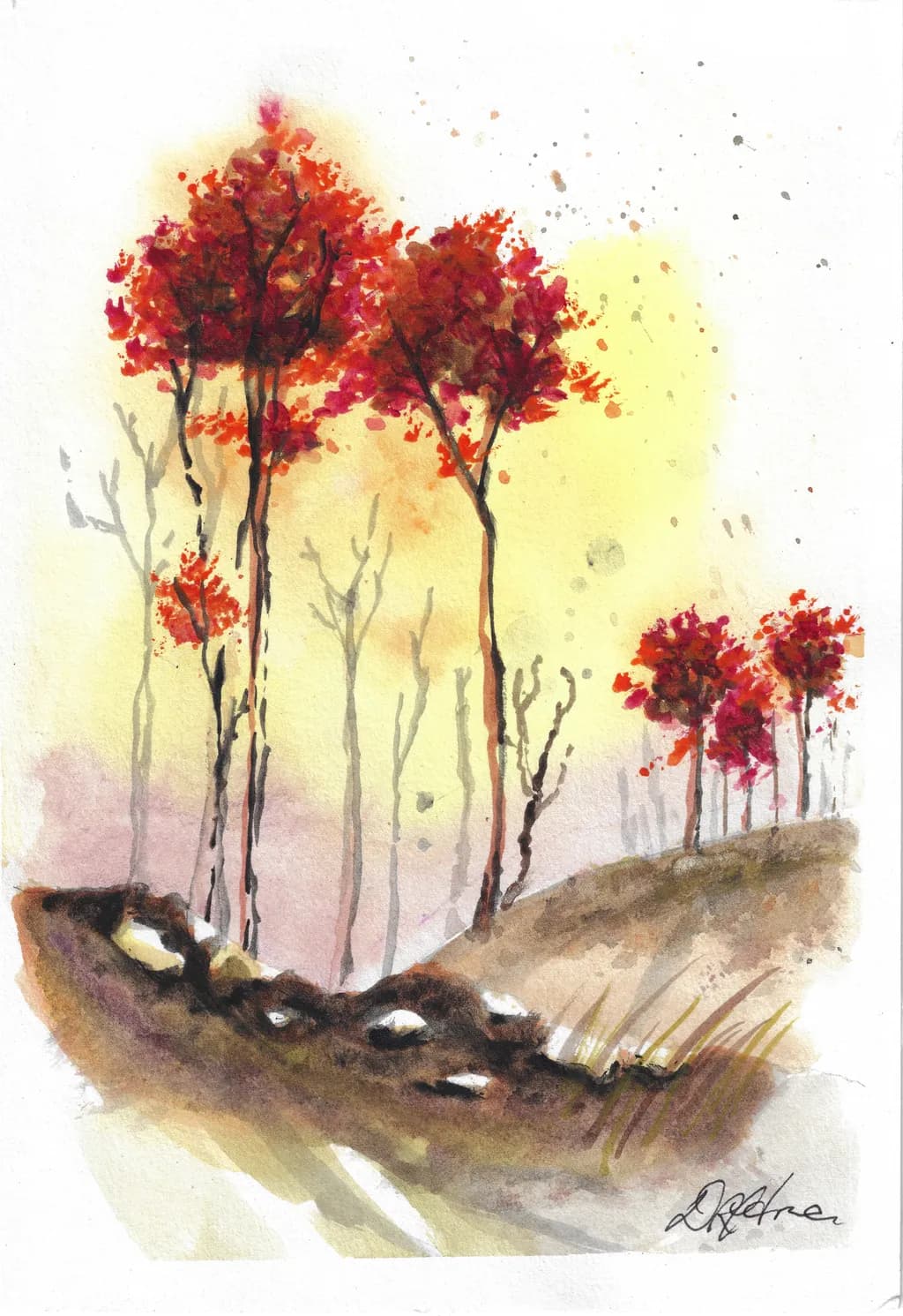 Whispers of Autumn: A Watercolor Journey Through Fiery Foliage and Gentle Hillsides