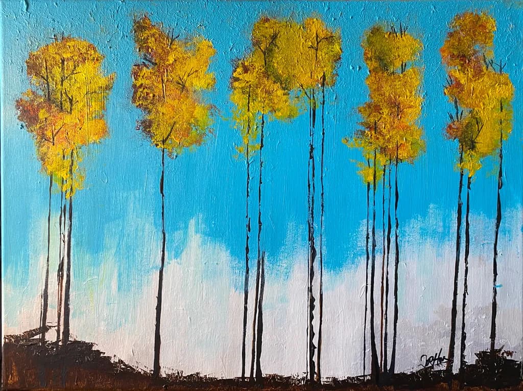 Golden Autumn Whispers: A Dance of Trees Against a Serene Sky