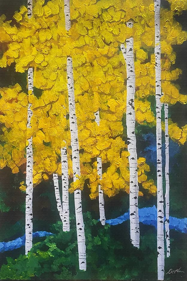 Golden Whispers: A Serene Autumn Landscape of Birch Trees and Flowing Streams