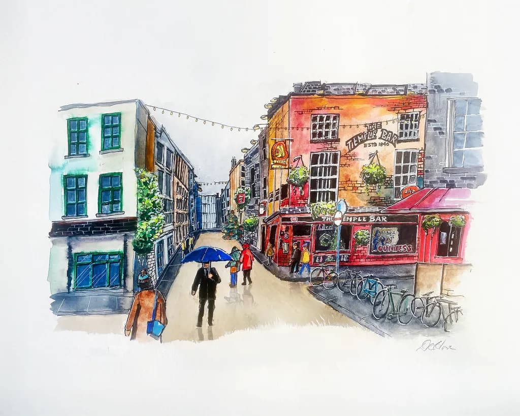 Charming Streets of Temple Bar: A Vibrant Watercolor Journey Through Dublin's Iconic Neighborhood