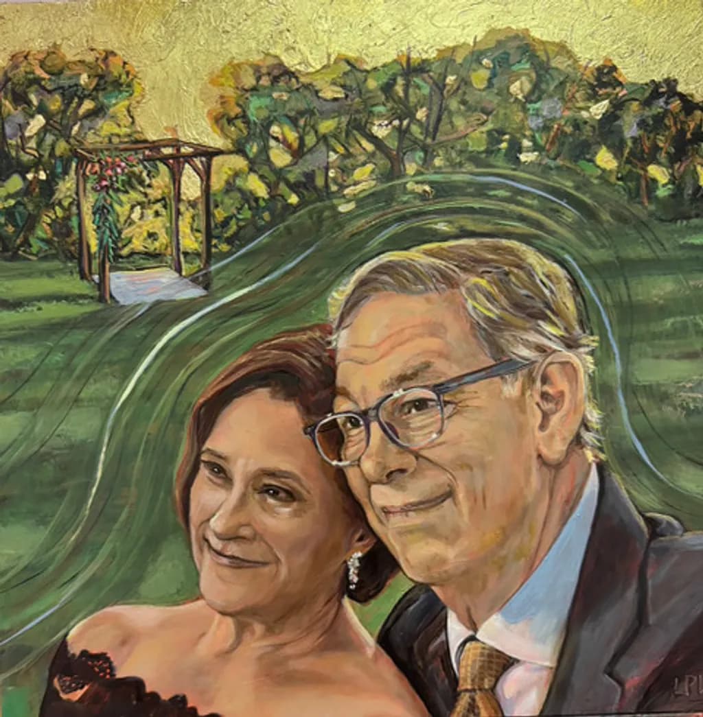 "Connie and Sam's Moment: Portrait of Lifelong Companionship." 12X12 inches. Oil on panel with textured gold leaf, framed. Original: 3,000.00.