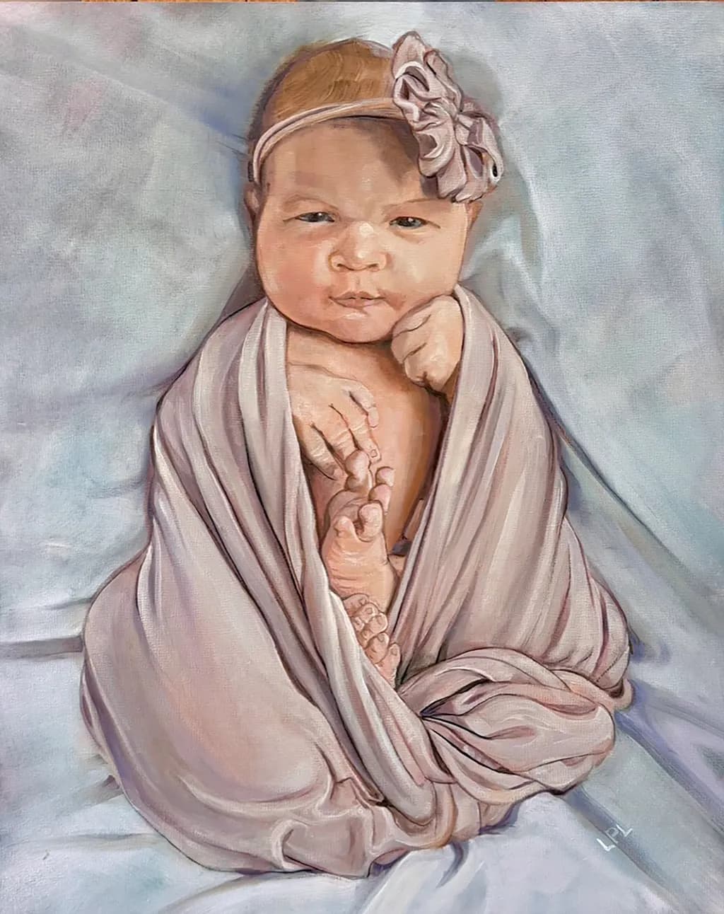 "First Look (Baby Ryleigh)." 20X16 inches. Oil on panel. Commissioned work. Prints available.
